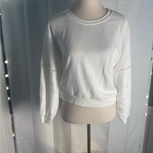 White Cream Crop Long Sleeve Sweatshirt with Pearl and Tulle Sleeves Large